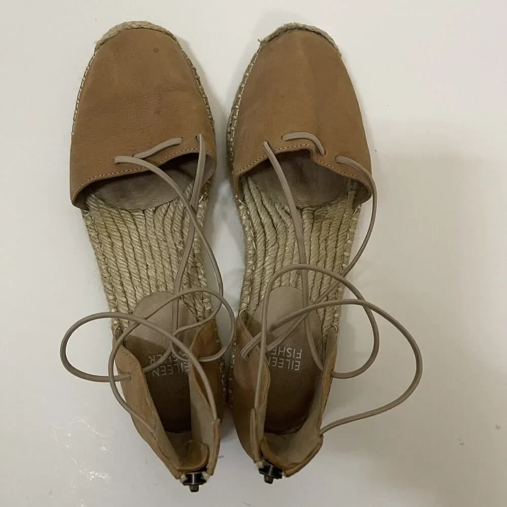 Eileen Fisher Lace suede cognac brown leather espadrille sandals US 9